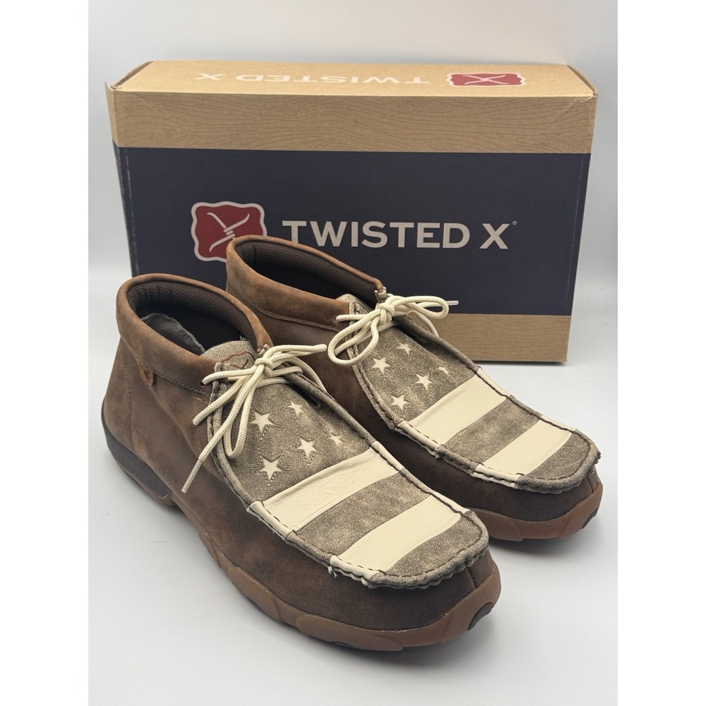 Twisted X Men's 14M Driving Mocs D Toe‎ Brown Ivory American Flag Style MDM0075